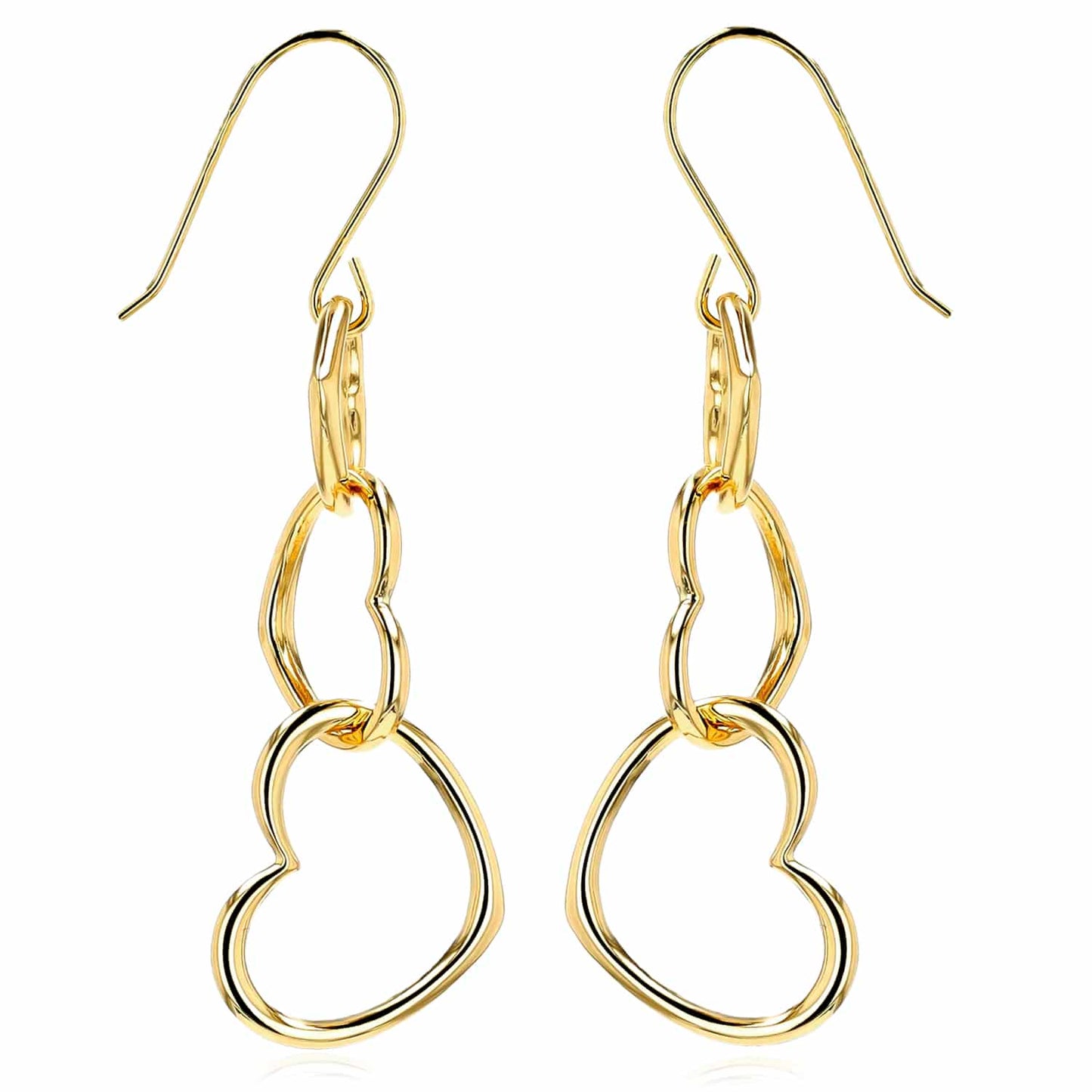 14K Real Gold & Tri-Color White Rose Triple Heart Earrings 45mm