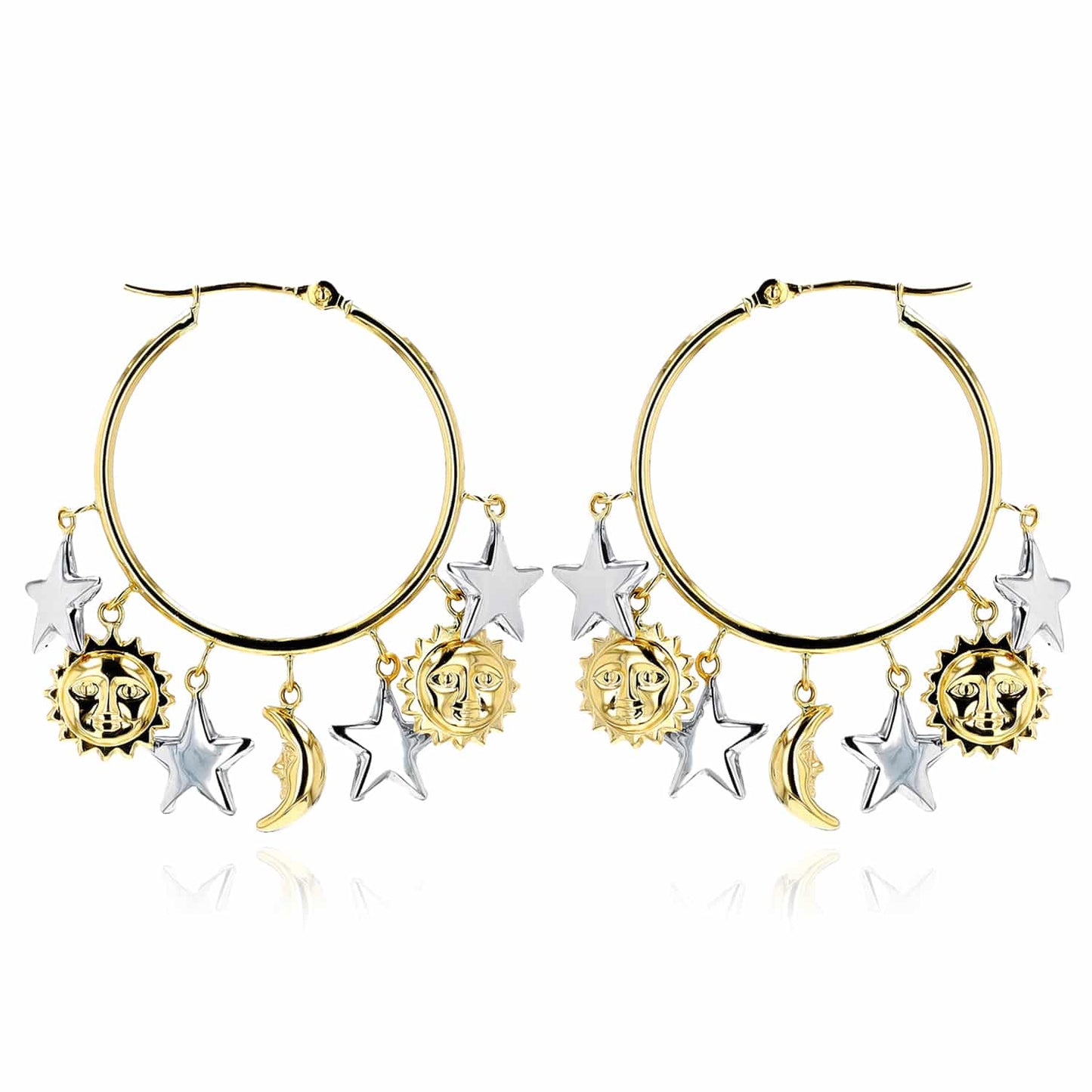 14K Real Gold Yellow White Dangling Sun & Star Hoop Earrings 32mm