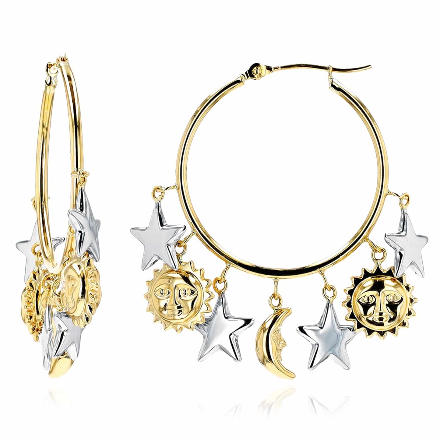 14K Real Gold Yellow White Dangling Sun & Star Hoop Earrings 32mm