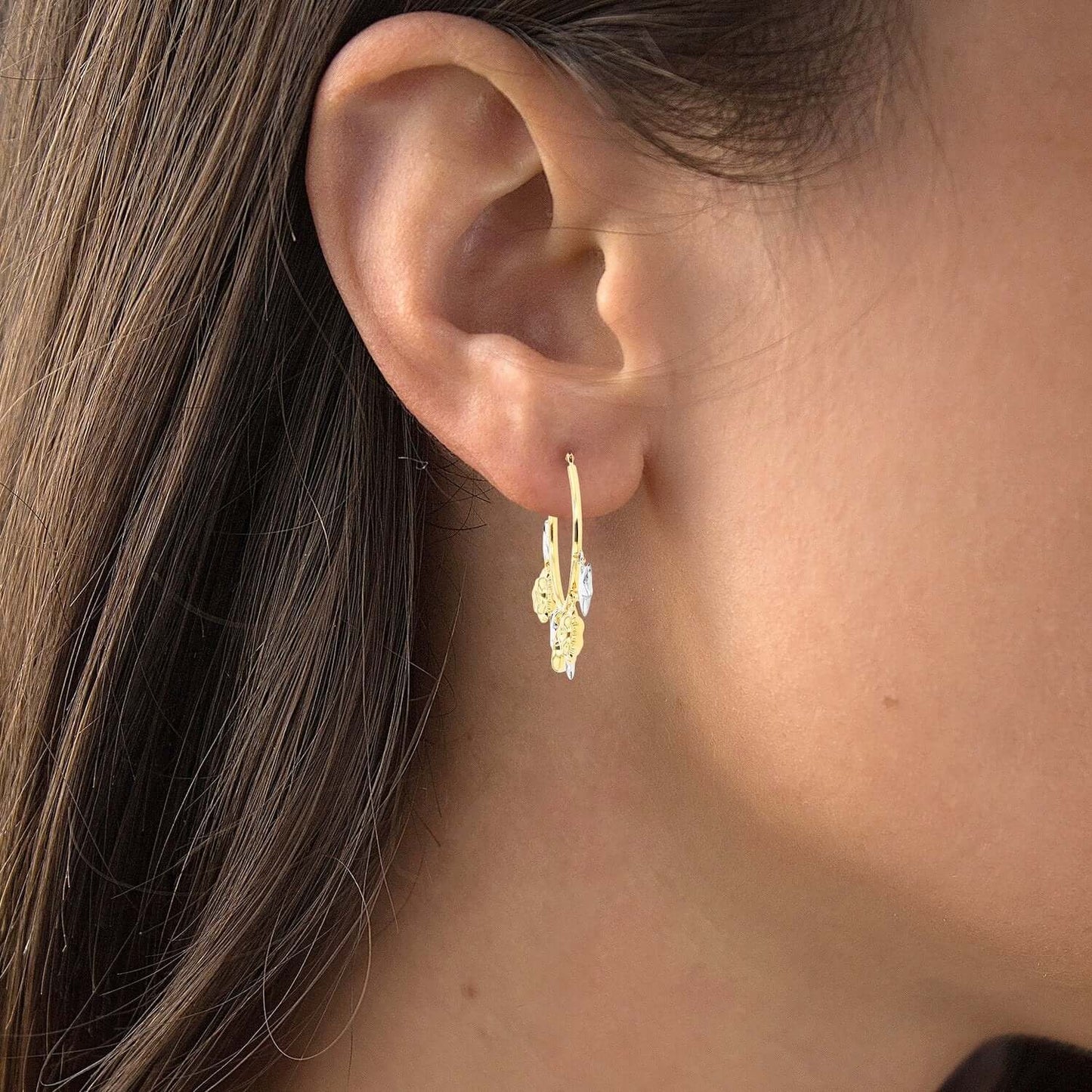 14K Real Gold Yellow White Dangling Sun & Star Hoop Earrings 32mm