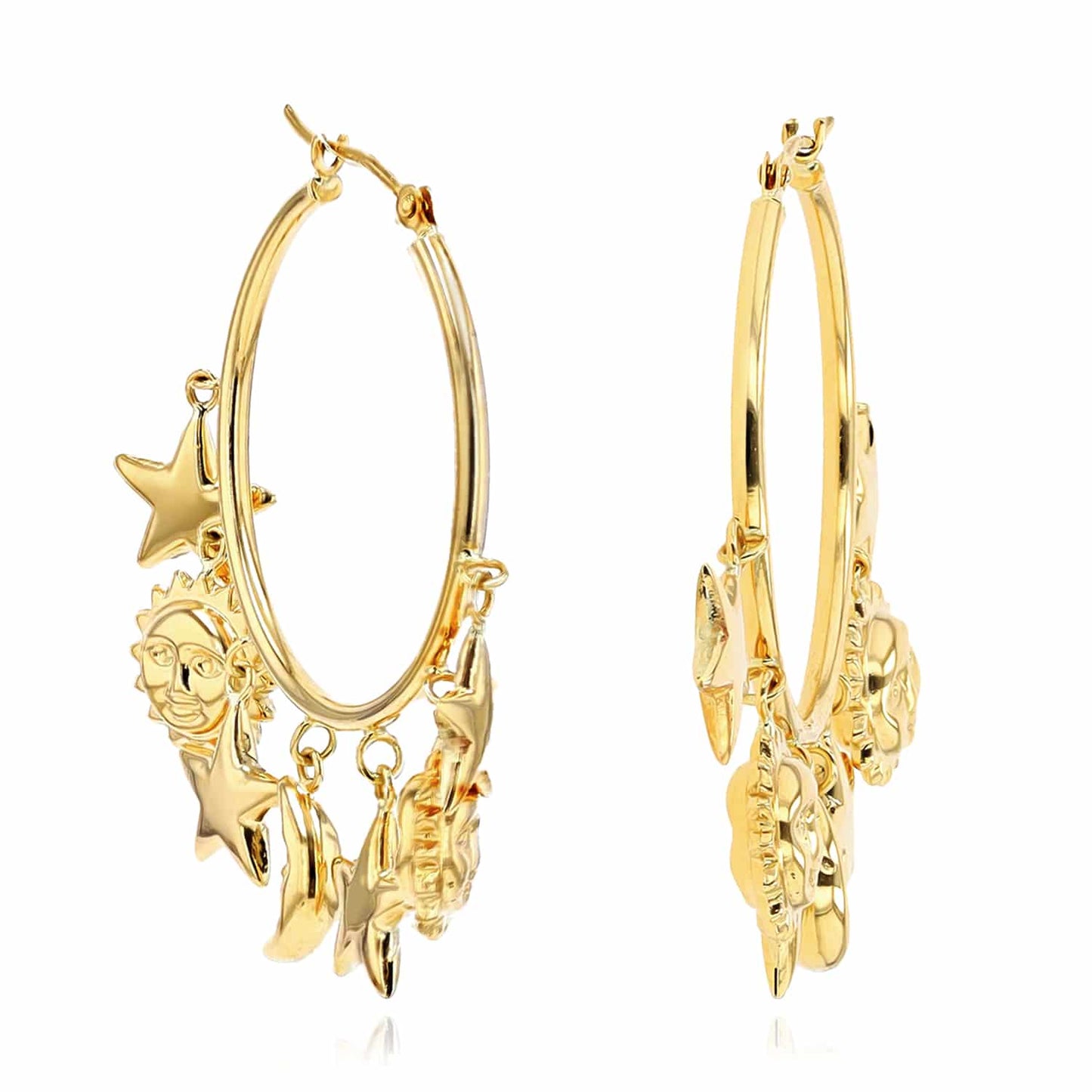 14K Real Gold Yellow White Dangling Sun & Star Hoop Earrings 32mm