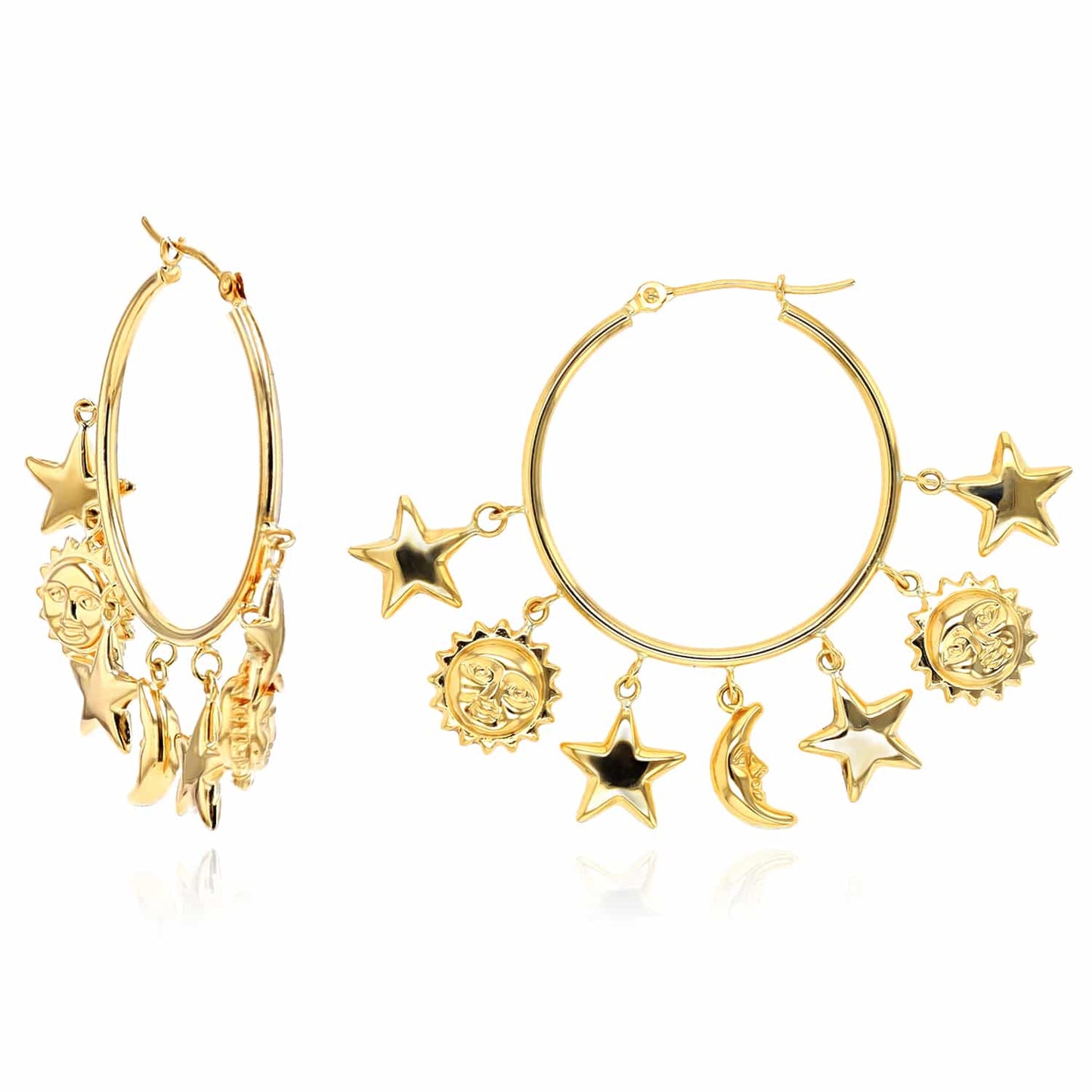 14K Real Gold Yellow White Dangling Sun & Star Hoop Earrings 32mm