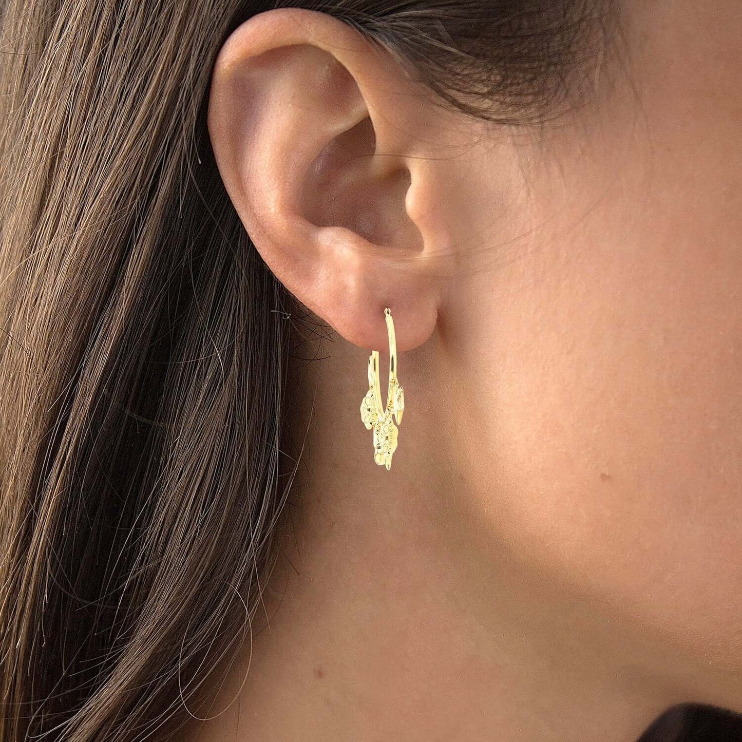 14K Real Gold Yellow White Dangling Sun & Star Hoop Earrings 32mm