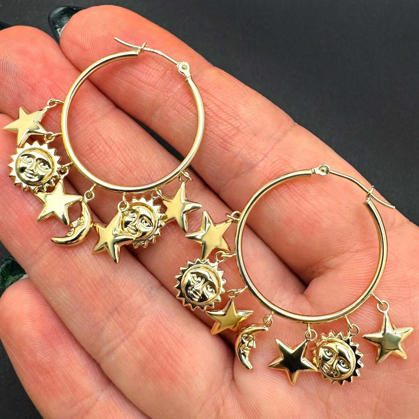 14K Real Gold Yellow White Dangling Sun & Star Hoop Earrings 32mm