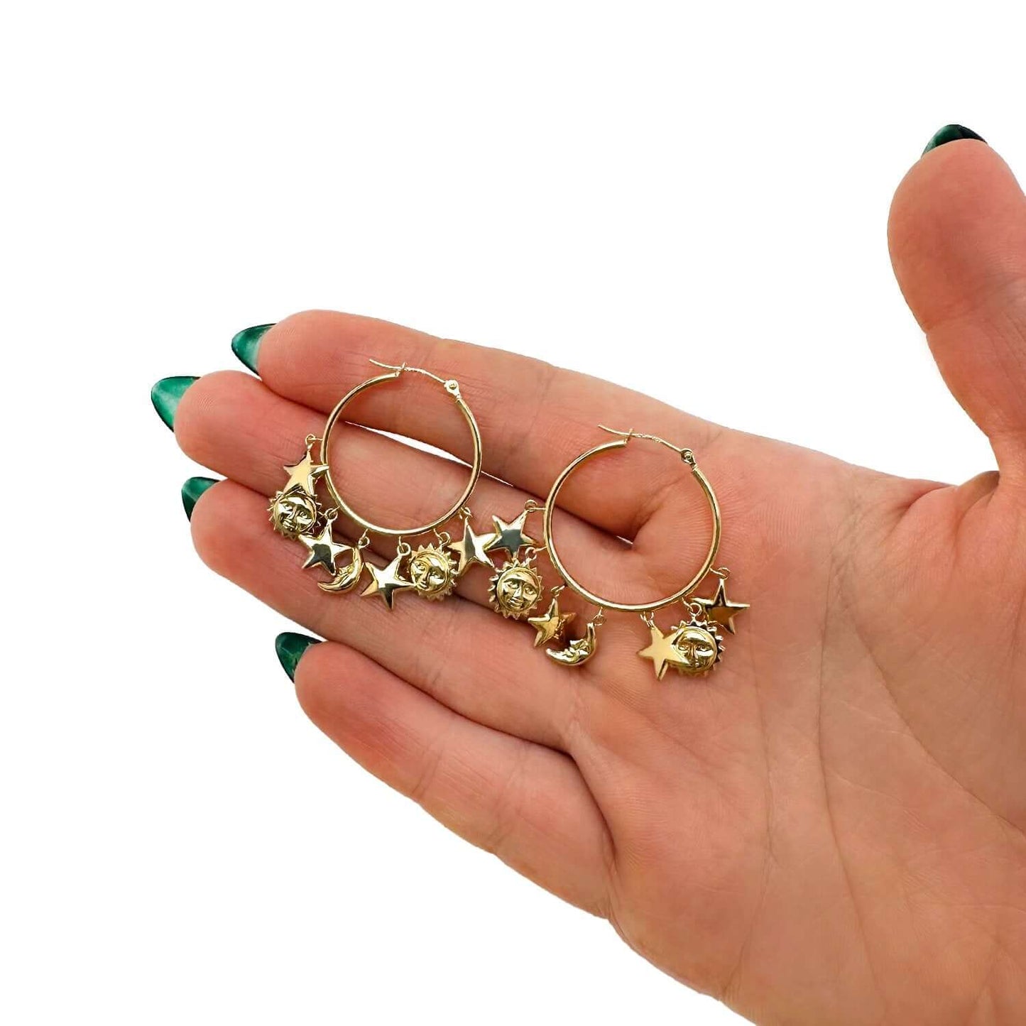 14K Real Gold Yellow White Dangling Sun & Star Hoop Earrings 32mm