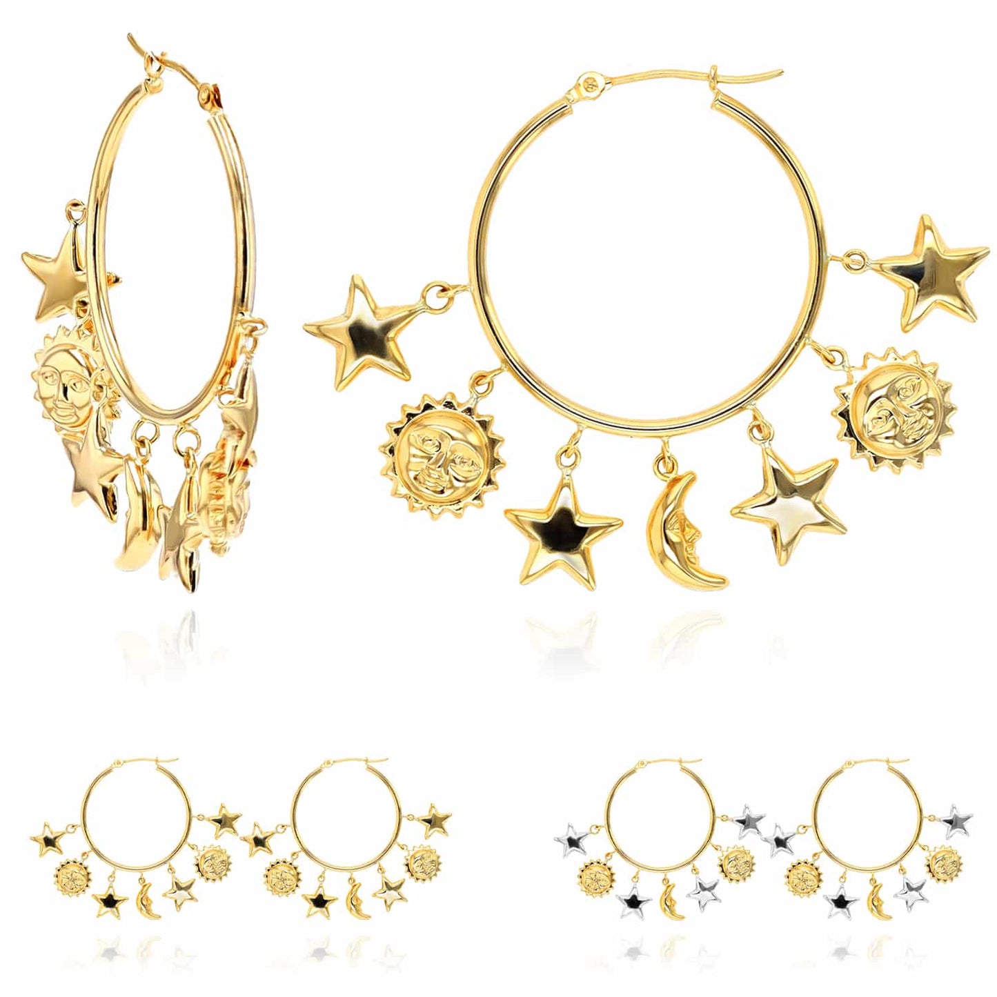 14K Real Gold Yellow White Dangling Sun & Star Hoop Earrings 32mm