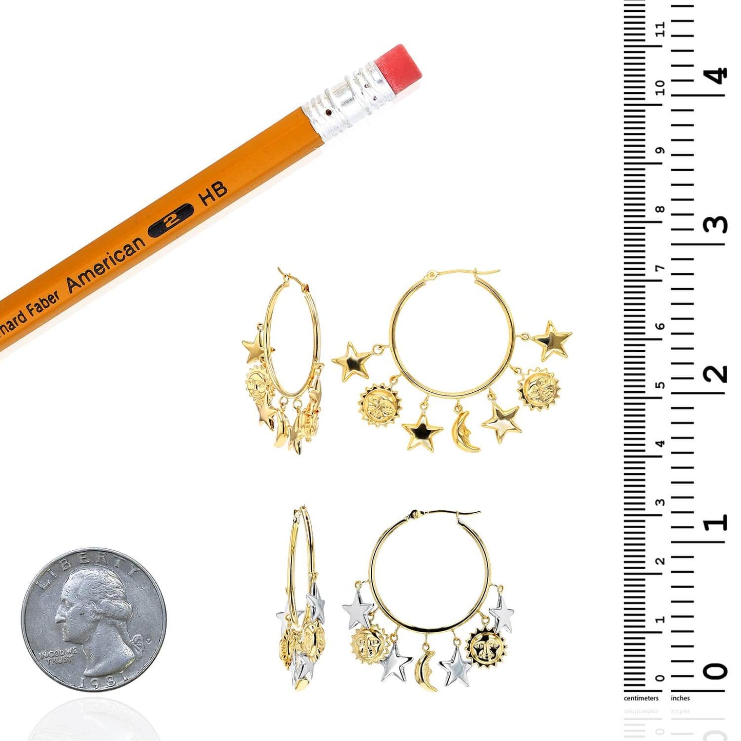 14K Real Gold Yellow White Dangling Sun & Star Hoop Earrings 32mm