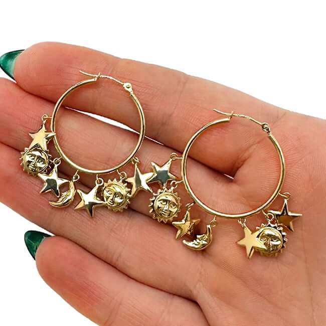 14K Real Gold Yellow White Dangling Sun & Star Hoop Earrings 32mm