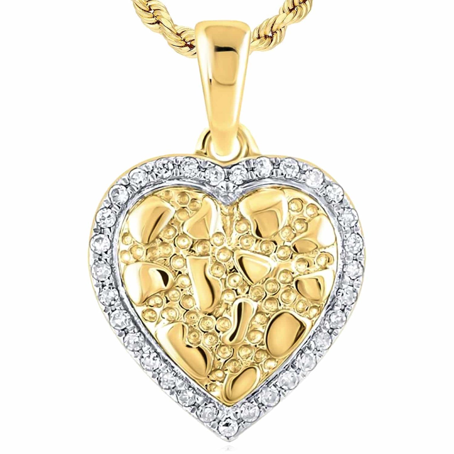 0.08CTW Real Diamond 10K Real Gold Nugget Heart Pendant 0.65"