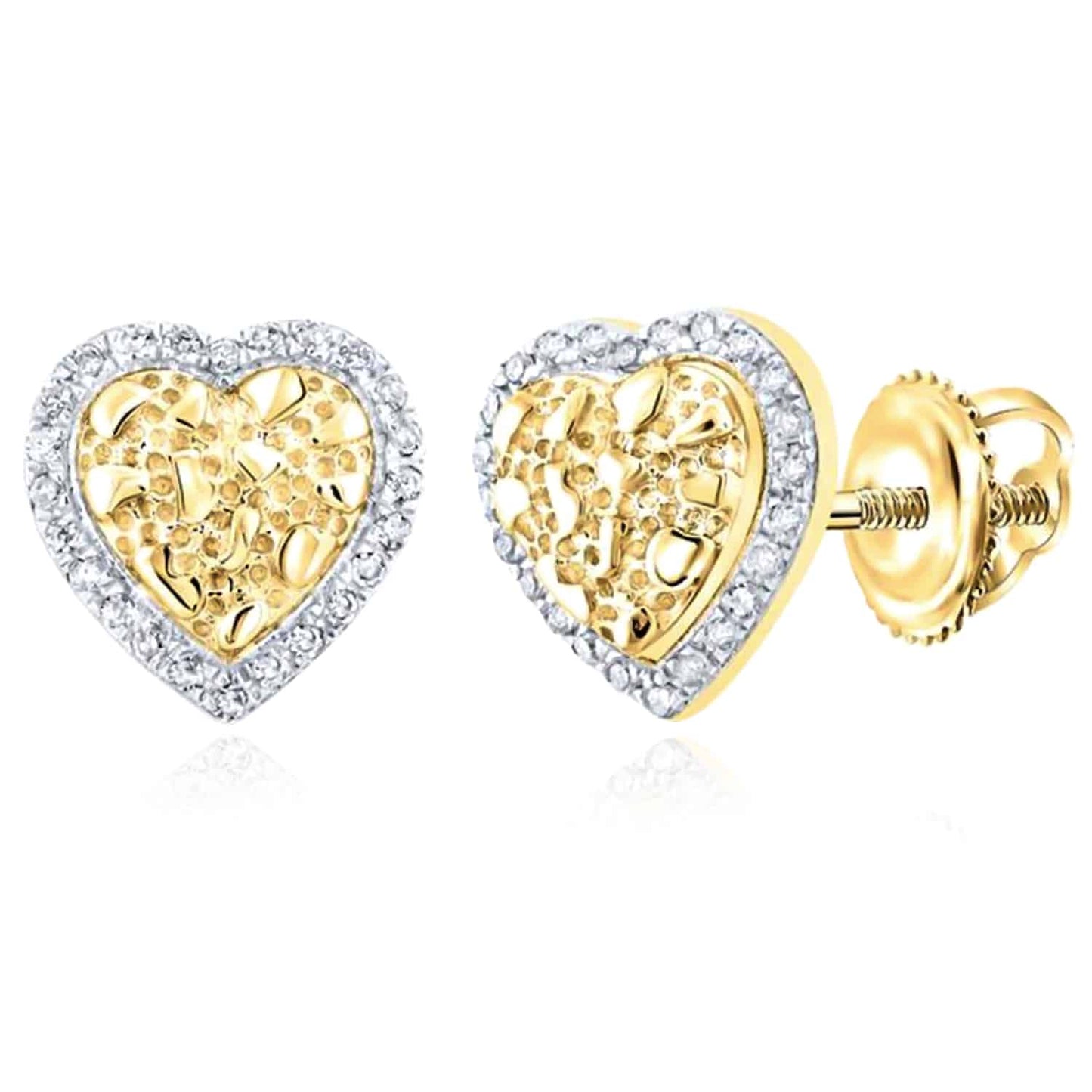 0.10CTW Real Diamond 10K Real Gold Nugget Heart Stud Earrings 9mm