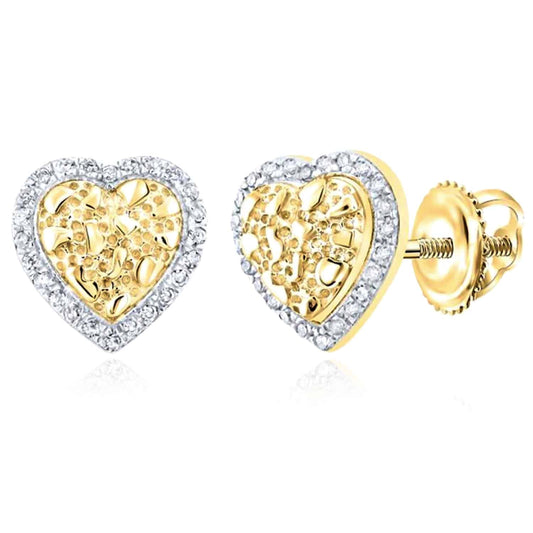 0.10CTW Natural Diamond 10K Gold Nugget Heart Stud Earrings 9mm