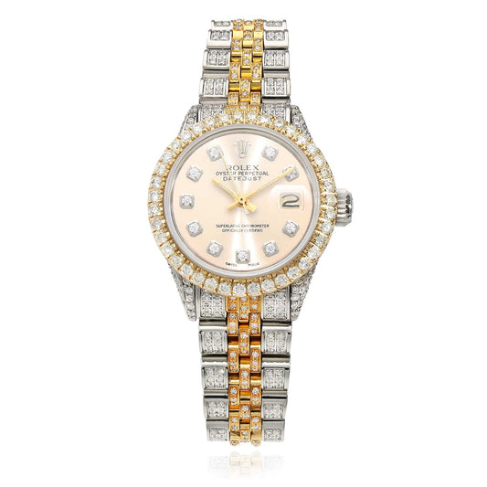 Rolex Datejust Diamond Pave Jubilee Band Diamond Dial Bezel Cream 26mm Watch