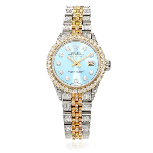 Rolex Datejust 26mm Diamond Jubilee Band Diamond Dial Bezel Light Blue Watch
