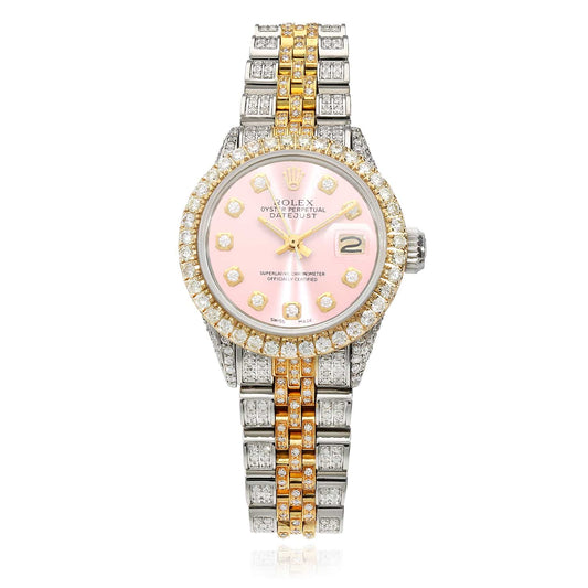Rolex Datejust 26mm Custom Pave Jubilee Band Diamond Bezel Pink Dial Watch