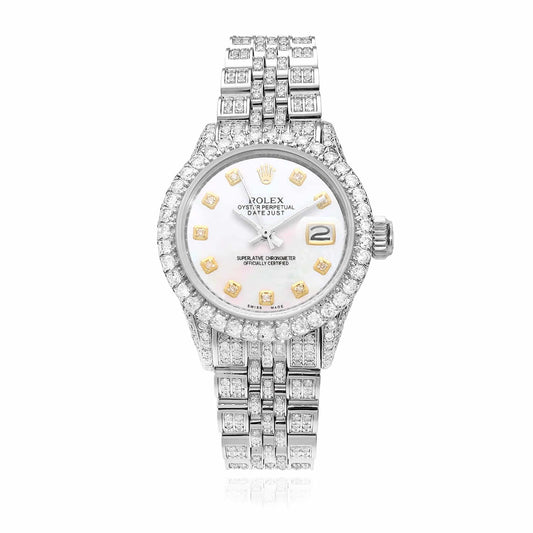 Rolex Datejust 26mm Diamond Pave Jubilee Band Diamond Bezel Pearl Dial Watch