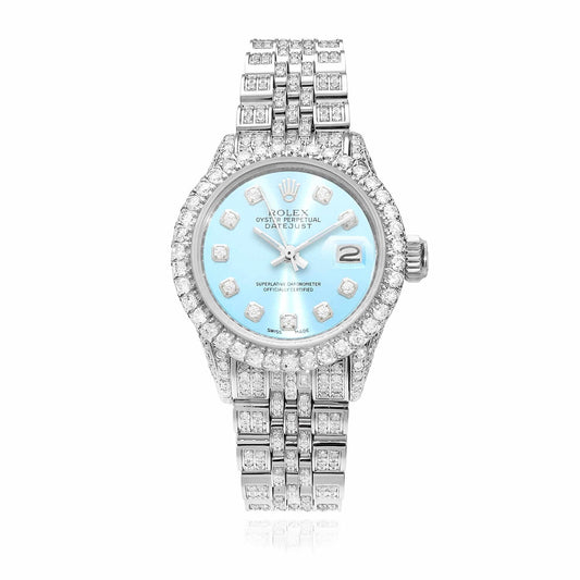 Rolex Datejust 26mm Pave Jubilee Band Diamond Bezel Light Blue Dial Watch