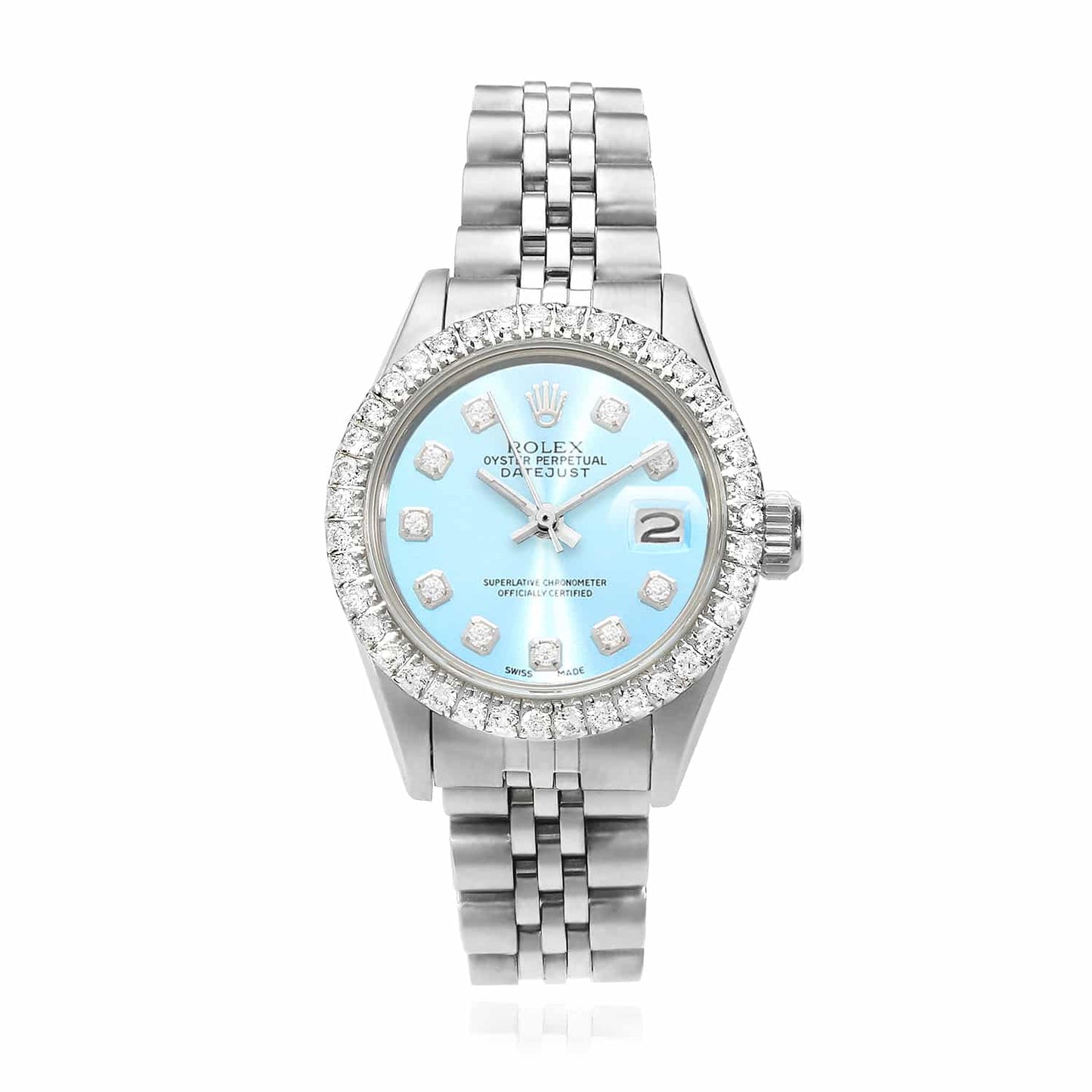 Rolex Datejust Custom Jubilee Band Diamond Bezel Light Blue Dial 26mm Watch