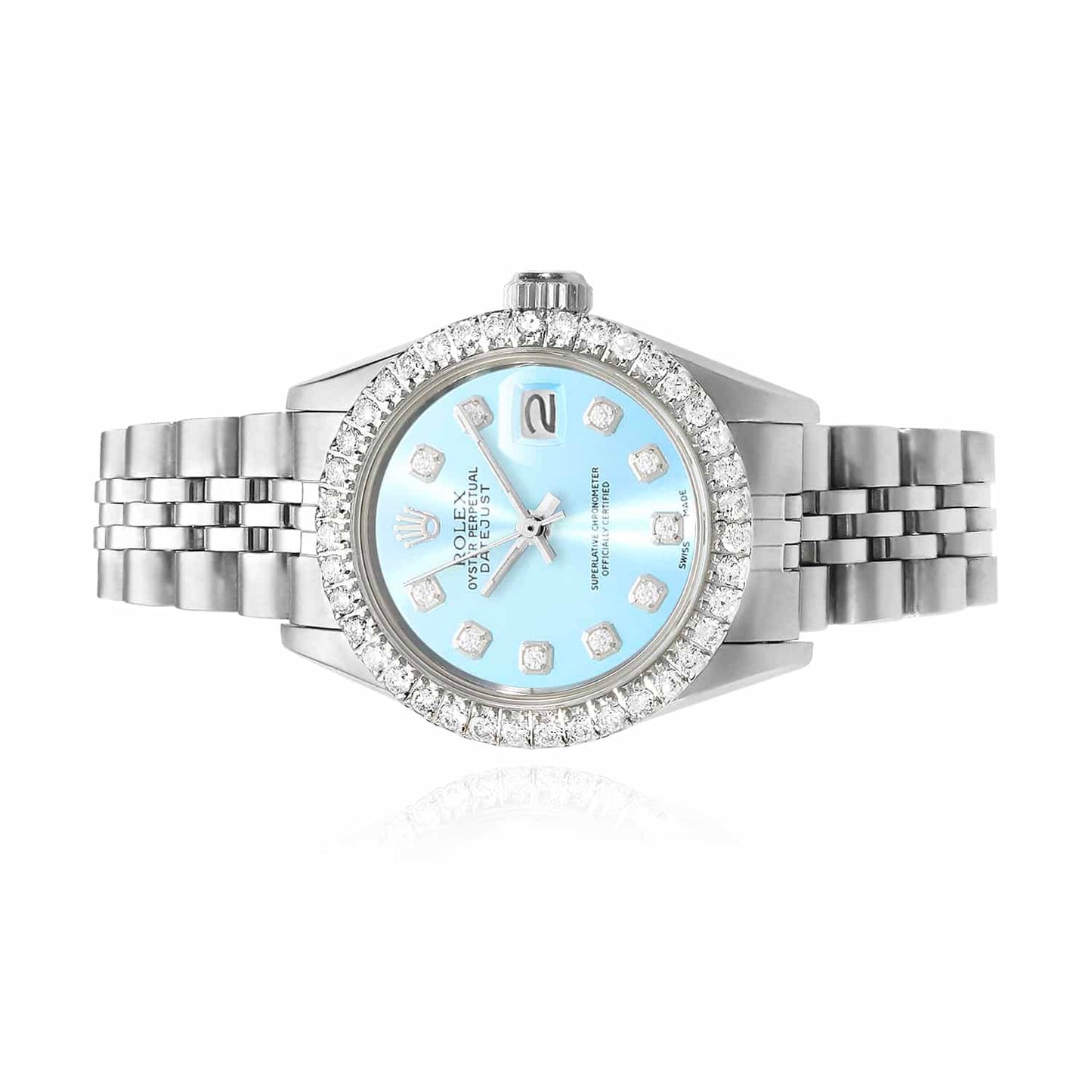 Rolex Datejust Custom Jubilee Band Diamond Bezel Light Blue Dial 26mm Watch