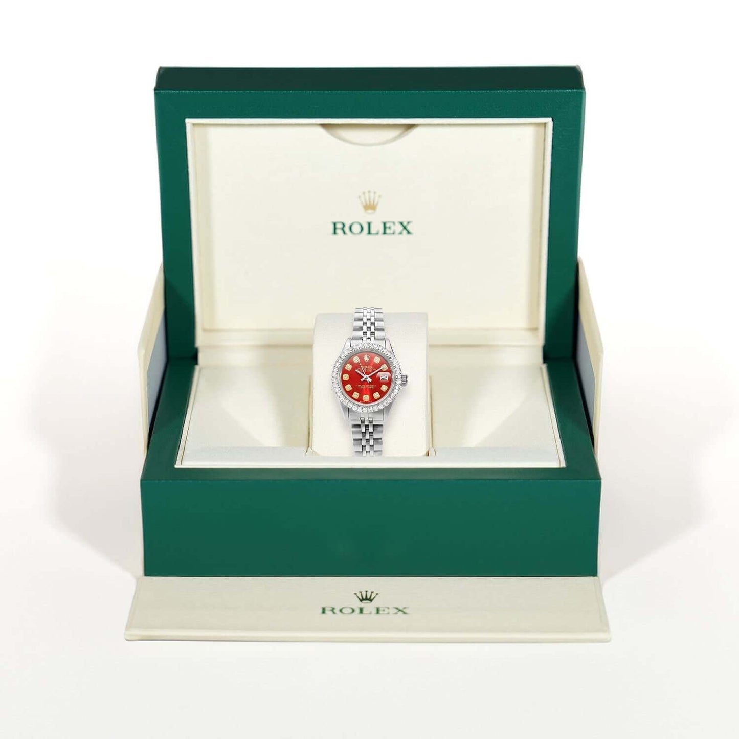 Rolex Datejust Custom Jubilee Band Diamond Bezel Red Ruby Dial 26mm Watch