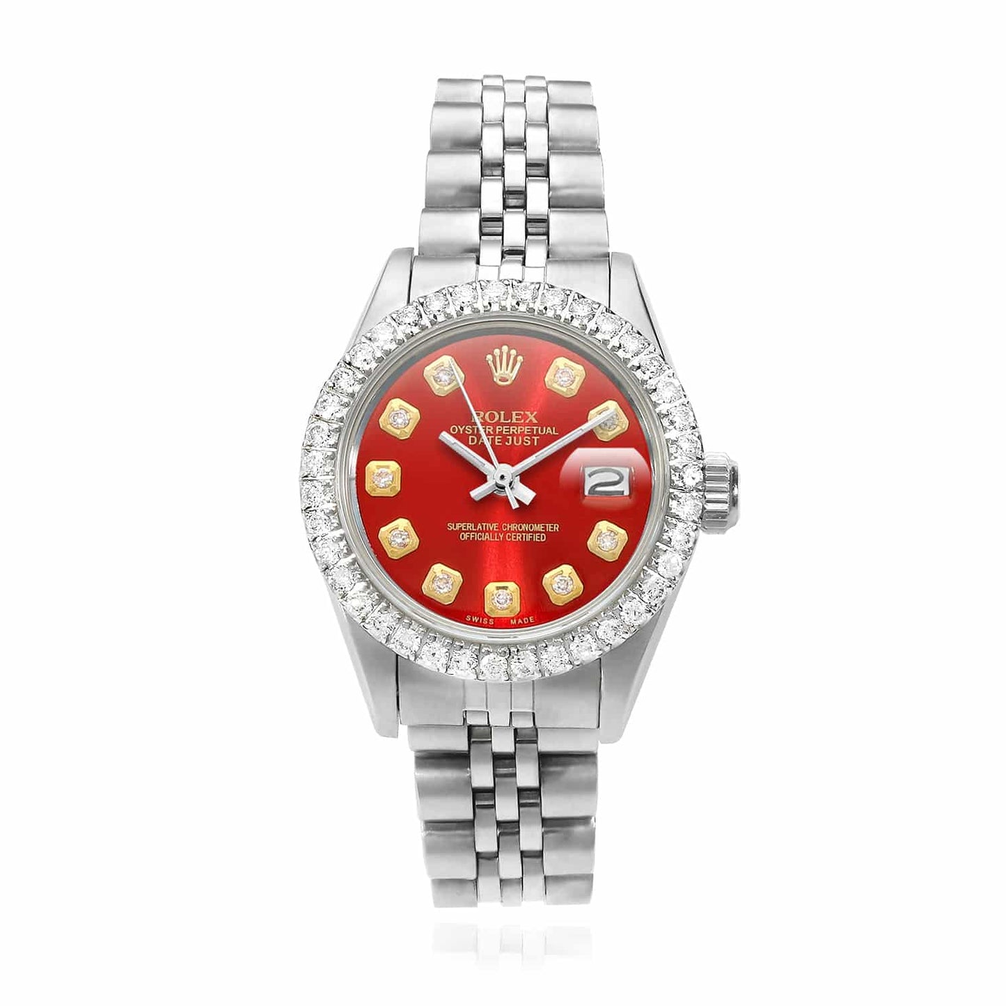 Rolex Datejust Custom Jubilee Band Diamond Bezel Red Ruby Dial 26mm Watch