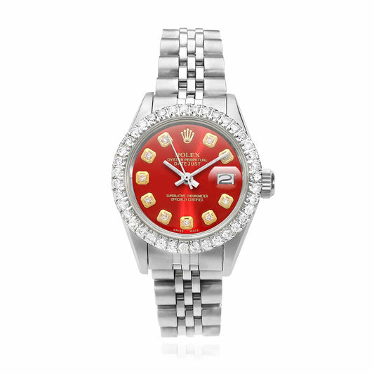 Rolex Datejust 26mm 69174 Custom Jubilee Band Diamond Bezel Red Ruby Dial Watch