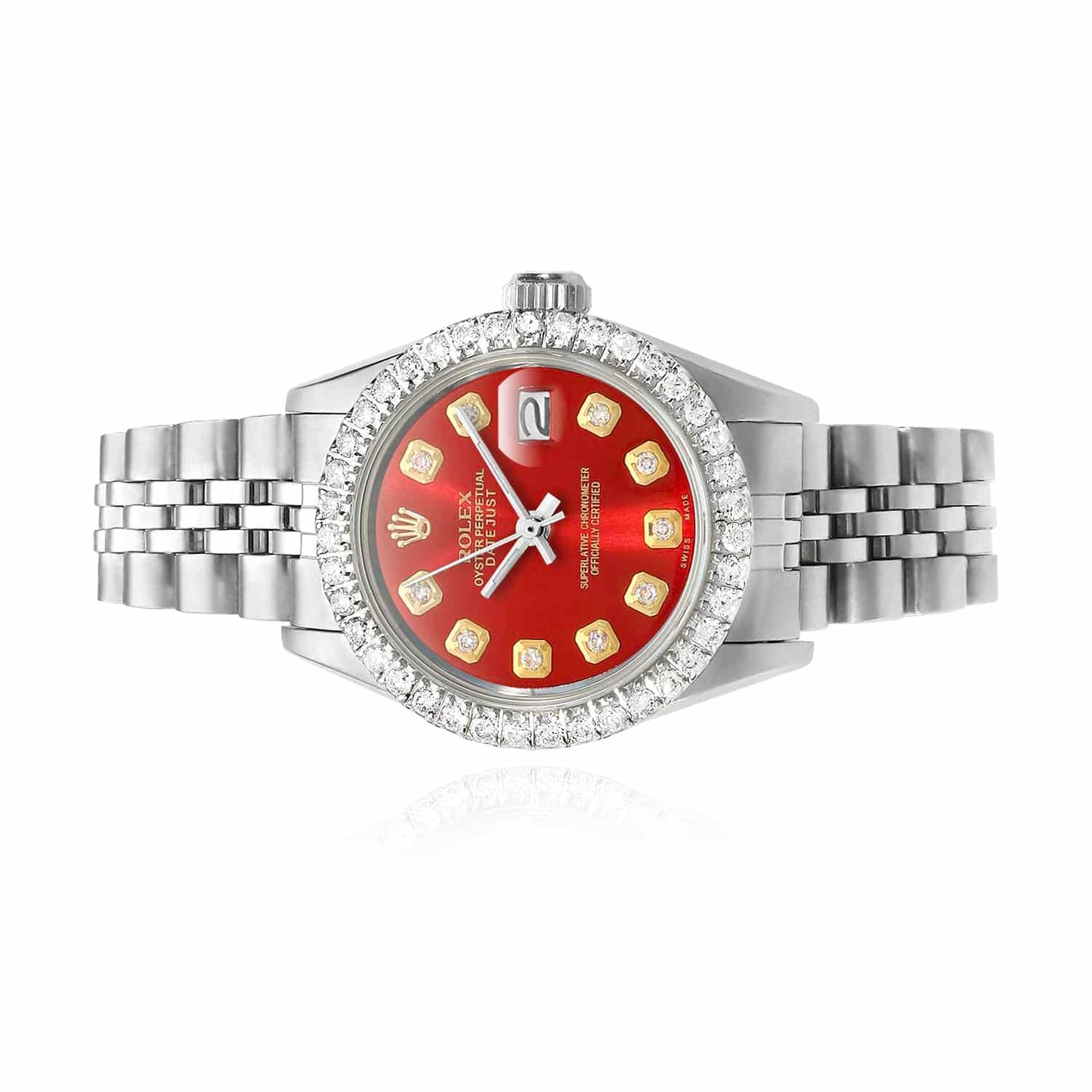 Rolex Datejust Custom Jubilee Band Diamond Bezel Red Ruby Dial 26mm Watch