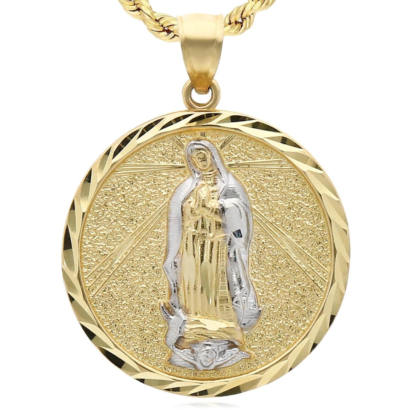10K Gold Two-Tone Yellow White Virgin Mary Pendant 1.4"