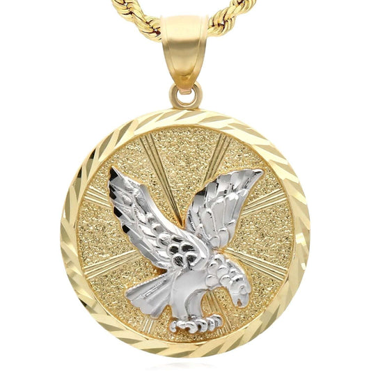 10K Gold Two-Tone Yellow White Textured Eagle Pendant 1.4"