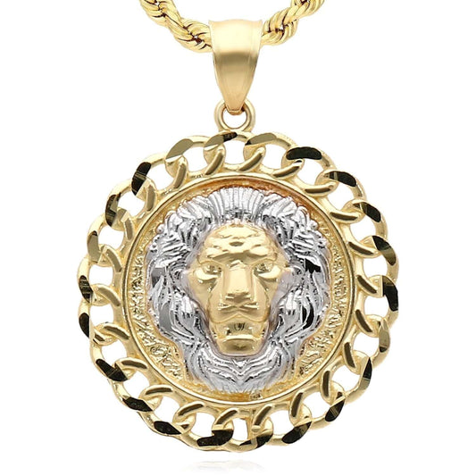 Real 10K Gold Two-Tone Yellow White Miami Cuban Lion Head Pendant 1.1"