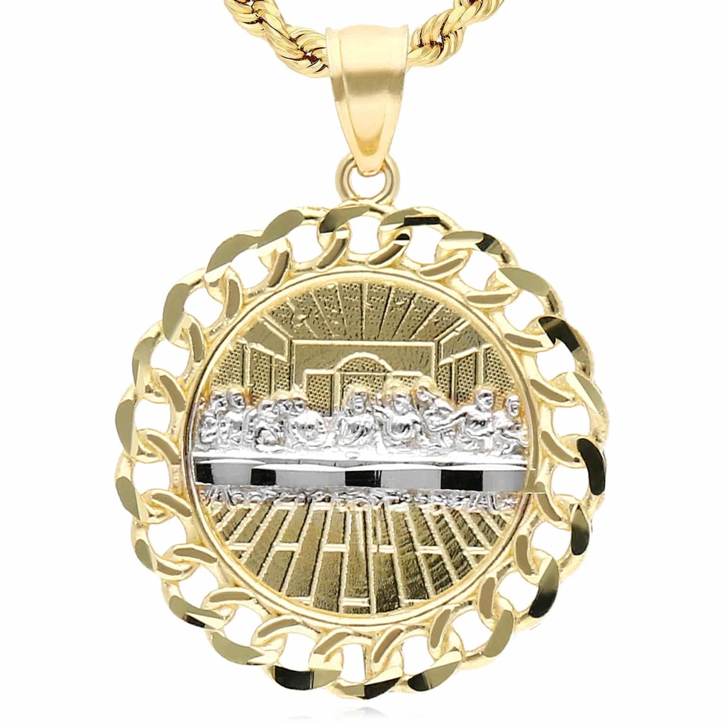 10K Real Gold Yellow White 2-Tone Miami Cuban Textured Last Supper Pendant 1.1"