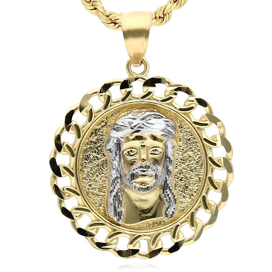 10K Gold Two-Tone Yellow White Textured Miami Cuban Jesus Head Pendant 1.1"