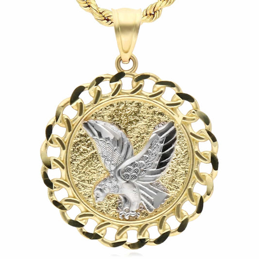 10K Gold Two-Tone Yellow White Miami Cuban Textured Eagle Pendant 1.1"