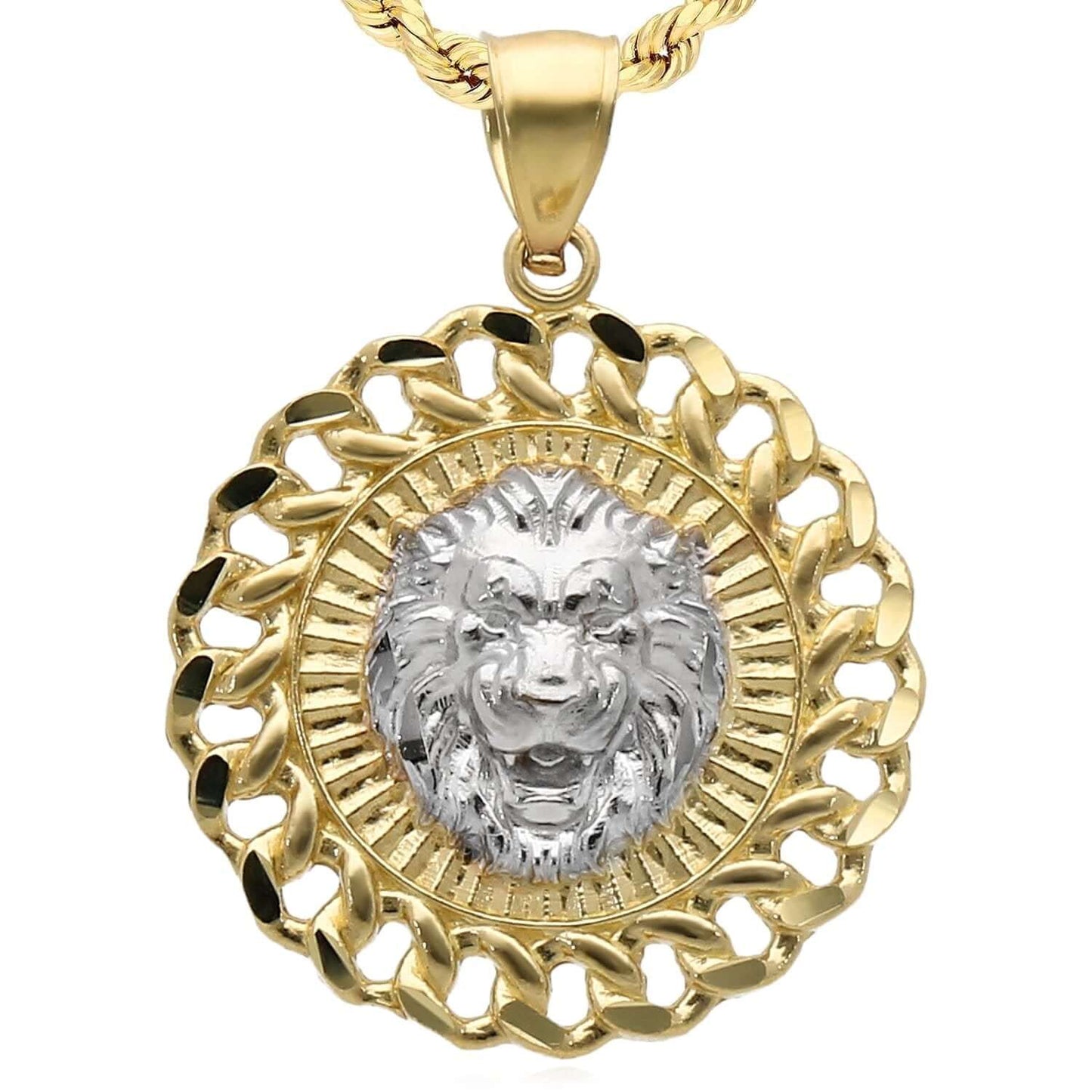 10K Gold Two-Tone Yellow White Textured Lion Head Pendant 1.2"