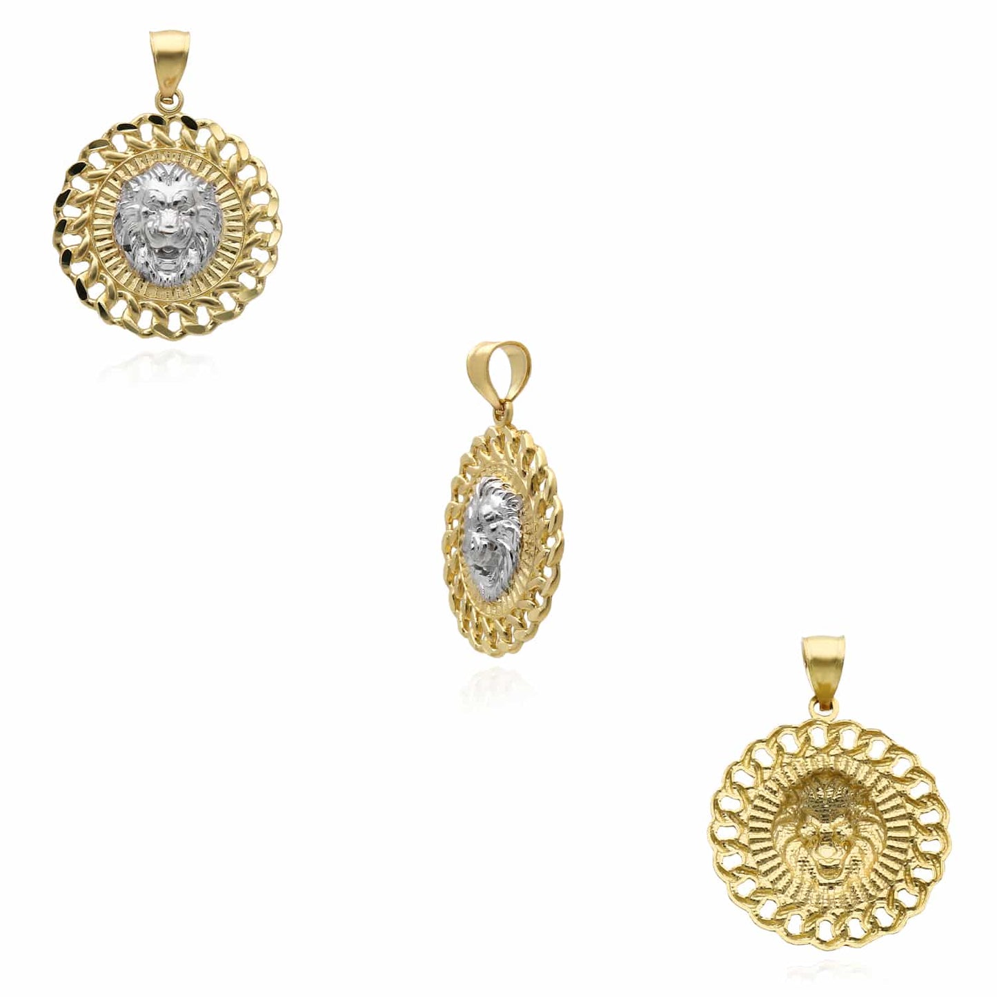 10K Gold Two-Tone Yellow White Textured Lion Head Pendant 1.2"