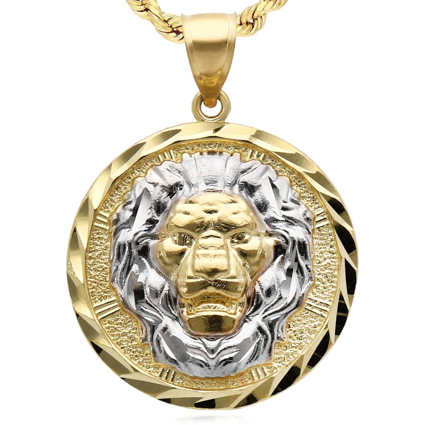 10K Real Gold Two-Tone Yellow White Textured Lion Head Pendant 1.45"