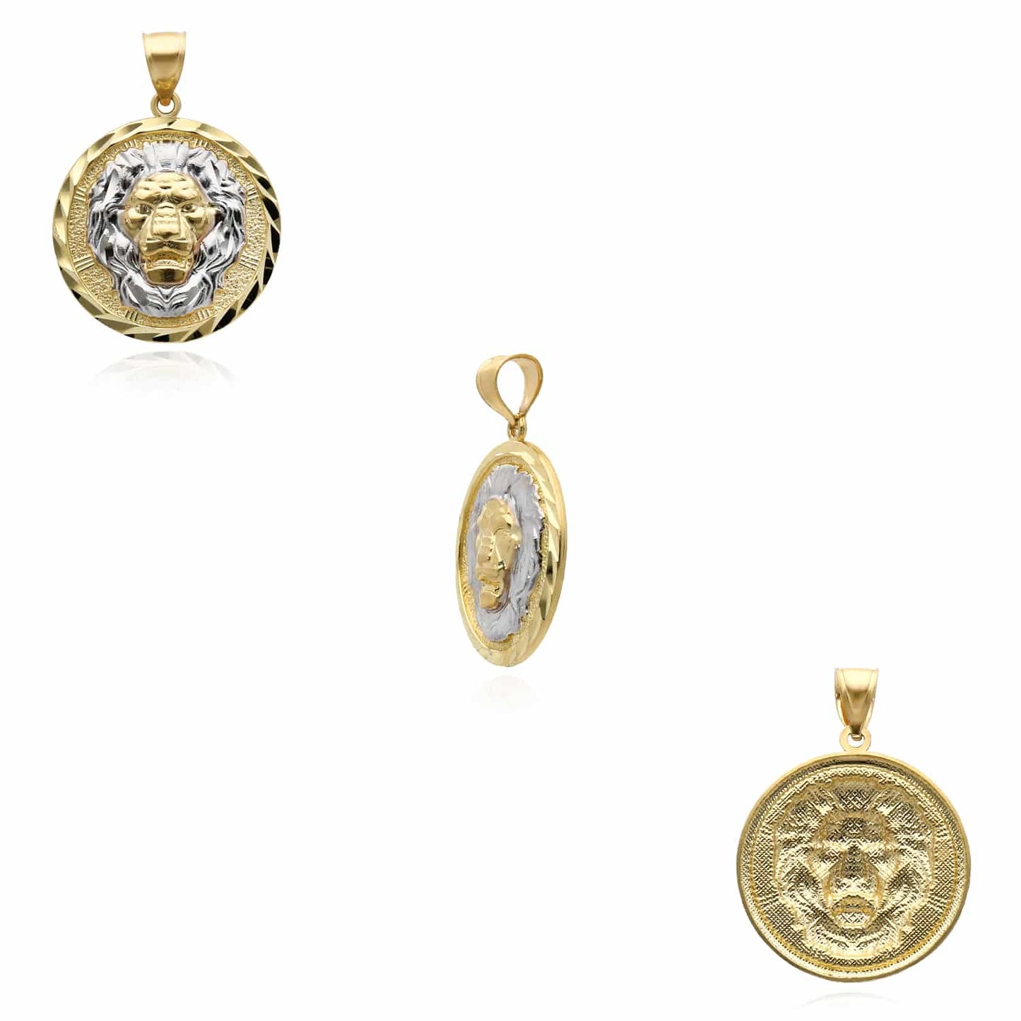 10K Real Gold Two-Tone Yellow White Textured Lion Head Pendant 1.45"