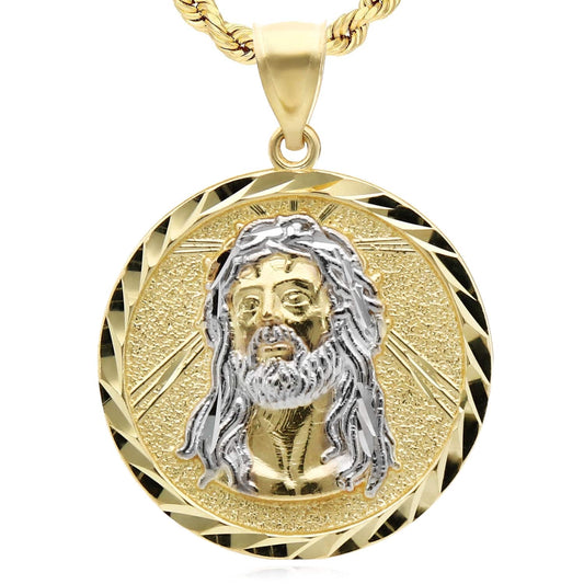 10K Gold Two-Tone Yellow White Textured Jesus Pendant 1.4"