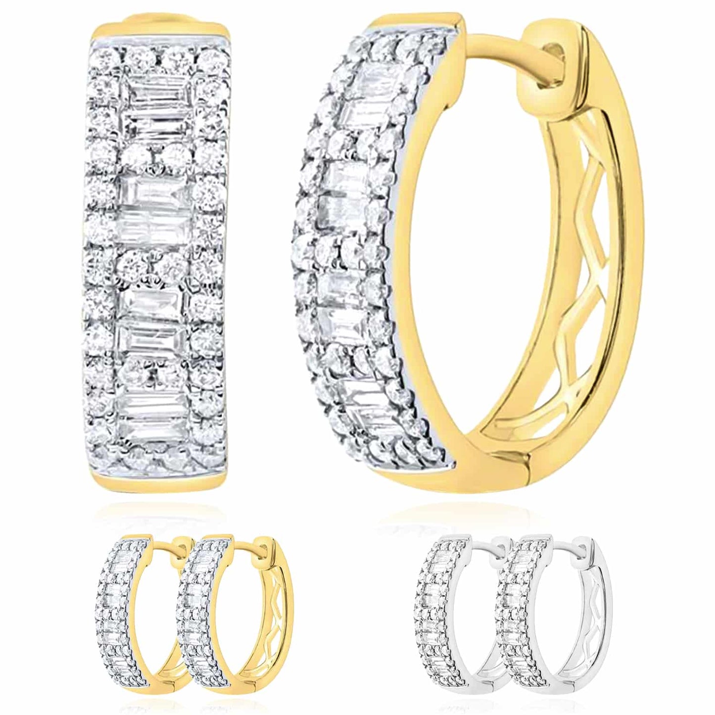 0.62CTW Real Diamond Baguette 14K Real Gold Yellow White Hoop Earrings 16mm