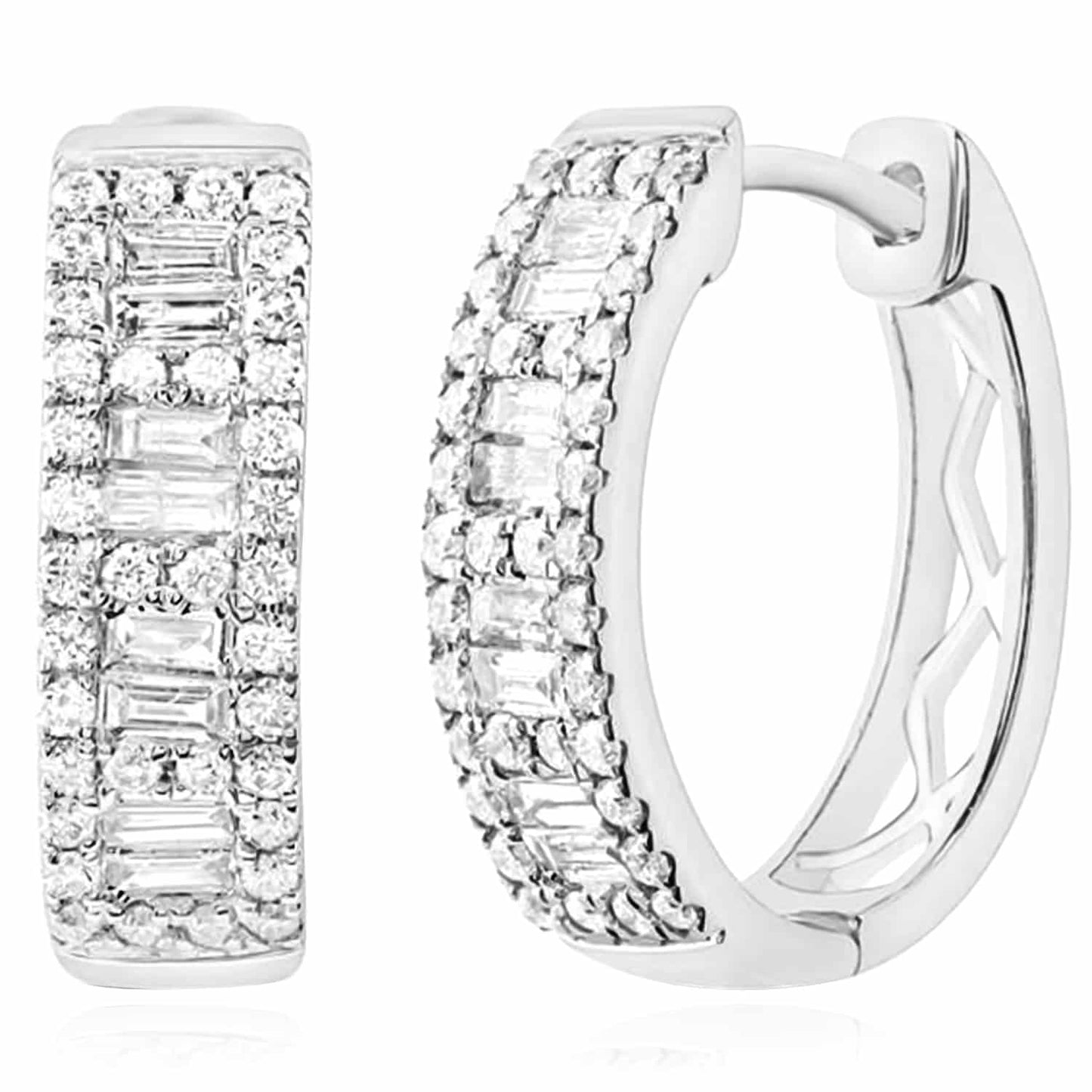 0.62CTW Real Diamond Baguette 14K Real Gold Yellow White Hoop Earrings 16mm
