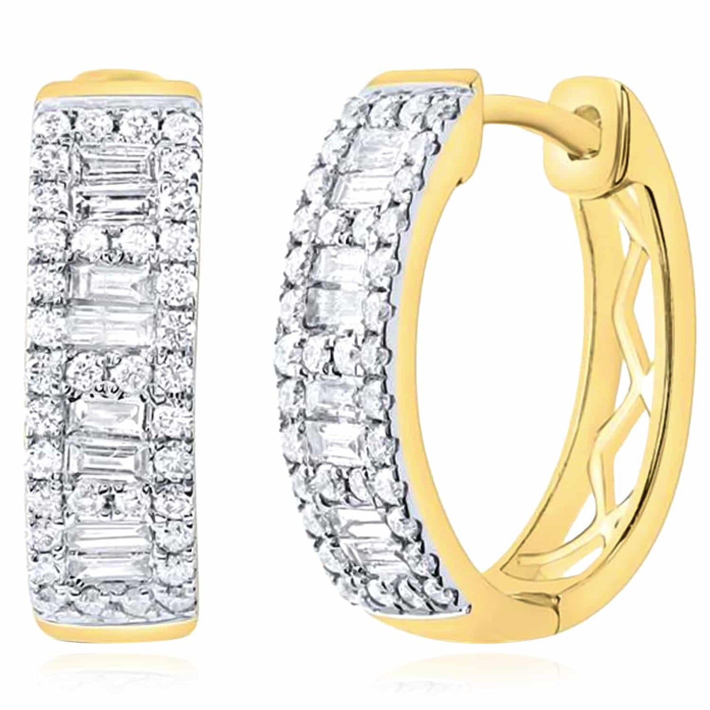 0.62CTW Real Diamond Baguette 14K Real Gold Yellow White Hoop Earrings 16mm