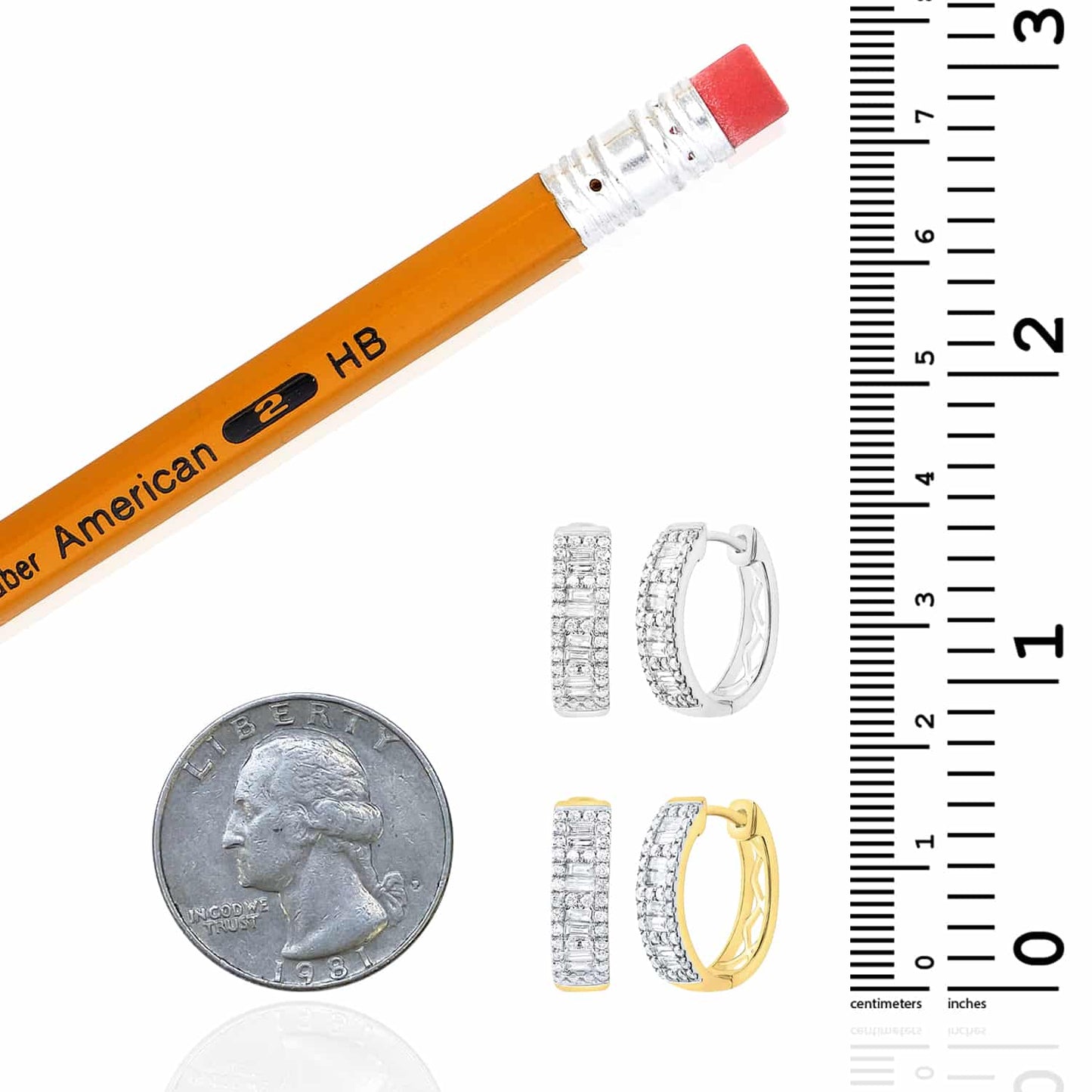 0.62CTW Real Diamond Baguette 14K Real Gold Yellow White Hoop Earrings 16mm