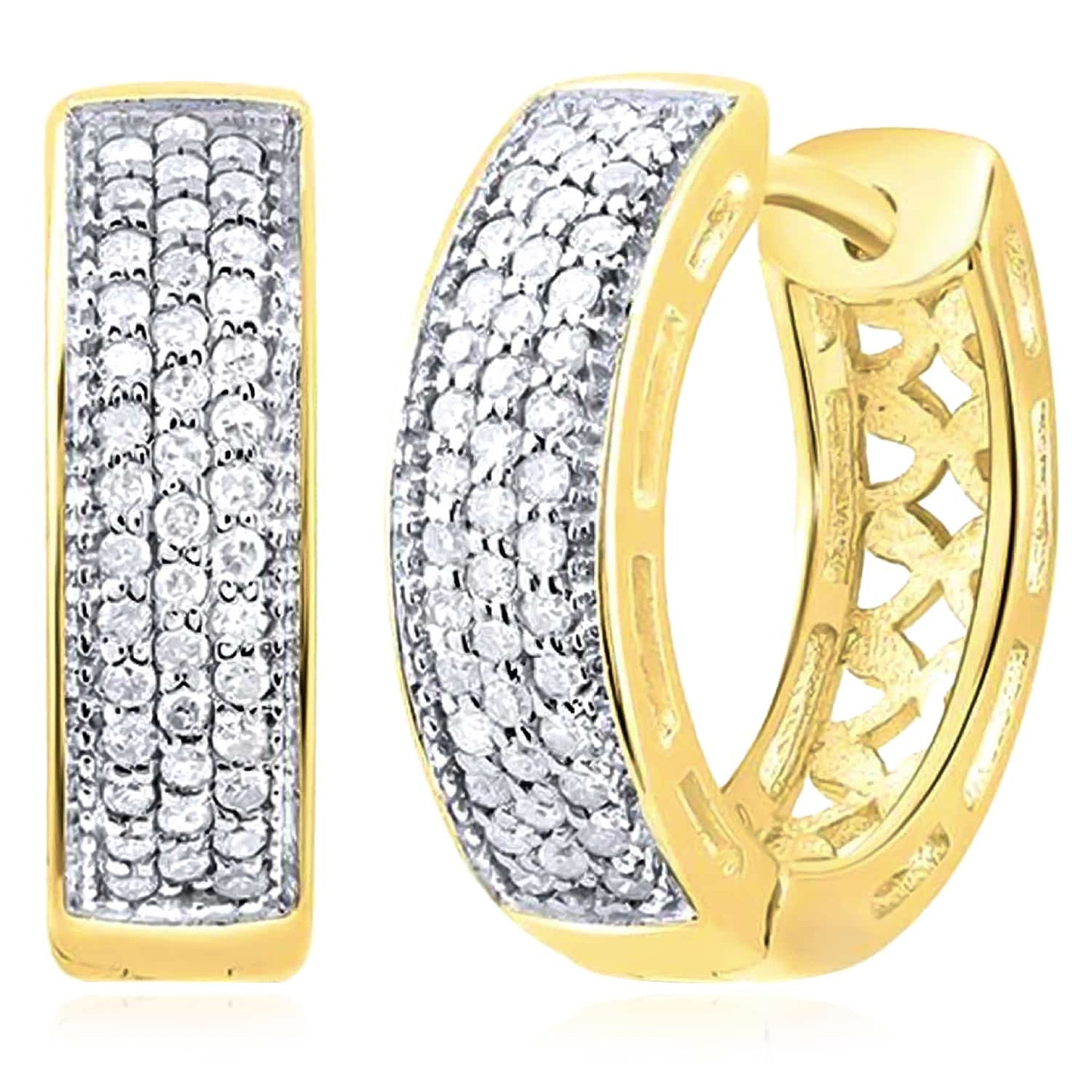 0.33CTW Real Diamond 10K Real Gold Three-Row Pave Hoop Earrings 17mm