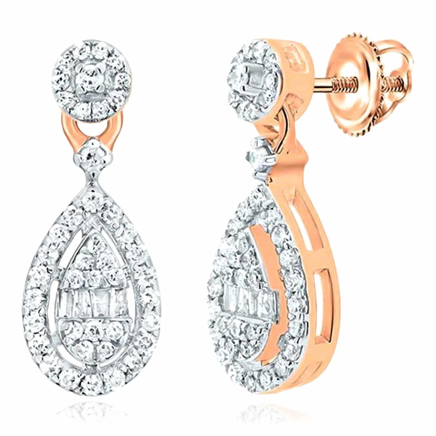 0.33CTW Real Diamond 10K Real Gold Yellow White Rose Teardrop Earrings 12mm