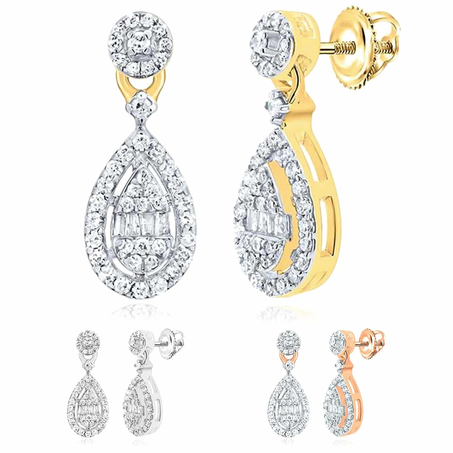 0.33CTW Real Diamond 10K Real Gold Yellow White Rose Teardrop Earrings 12mm