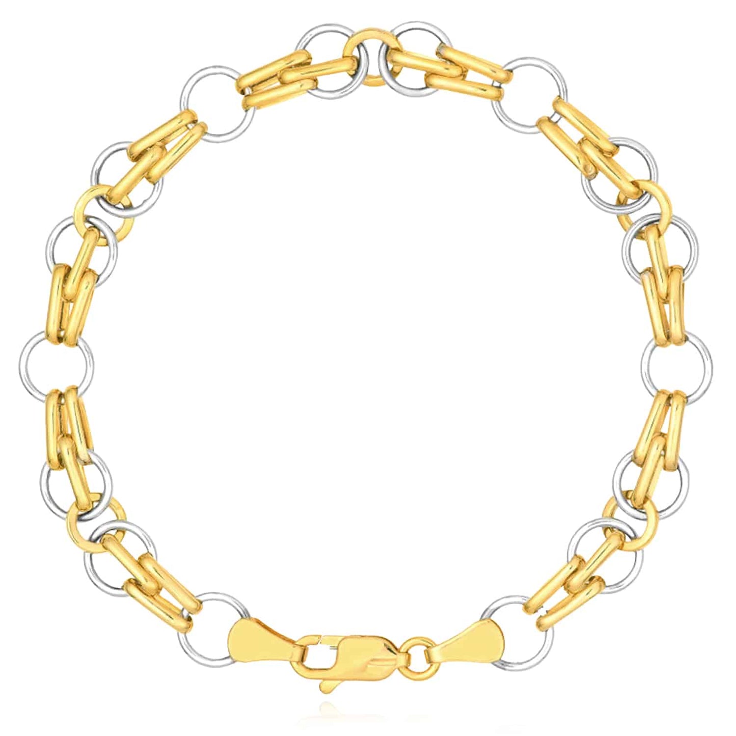 14K Real Gold Mixed Oval Round Two-Tone Yellow White 7mm Bracelet 7.25"