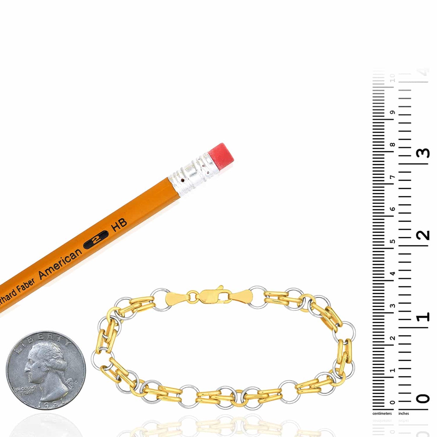14K Real Gold Mixed Oval Round Two-Tone Yellow White 7mm Bracelet 7.25"