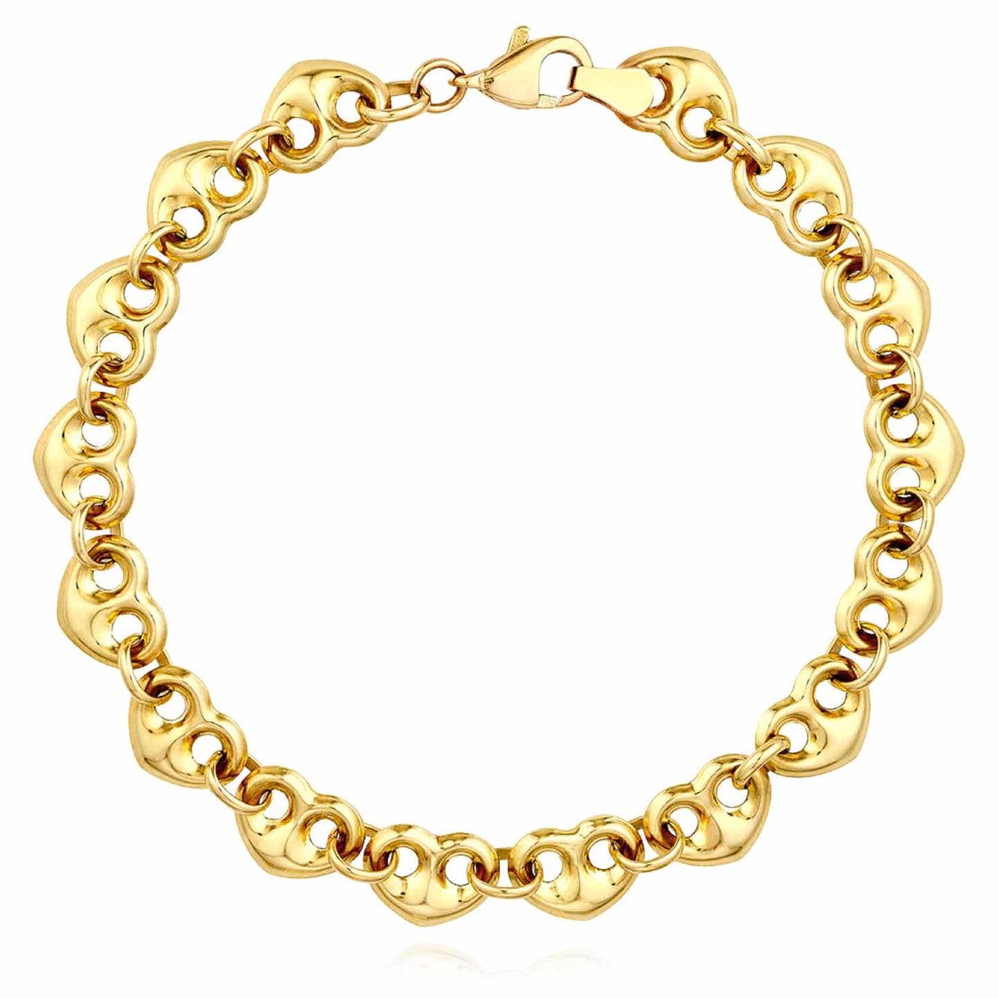 14K Real Gold 8mm Puffed Heart Mariner Bracelet 7.25"