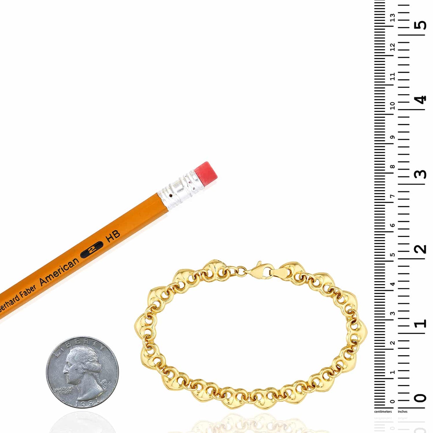 14K Real Gold 8mm Puffed Heart Mariner Bracelet 7.25"
