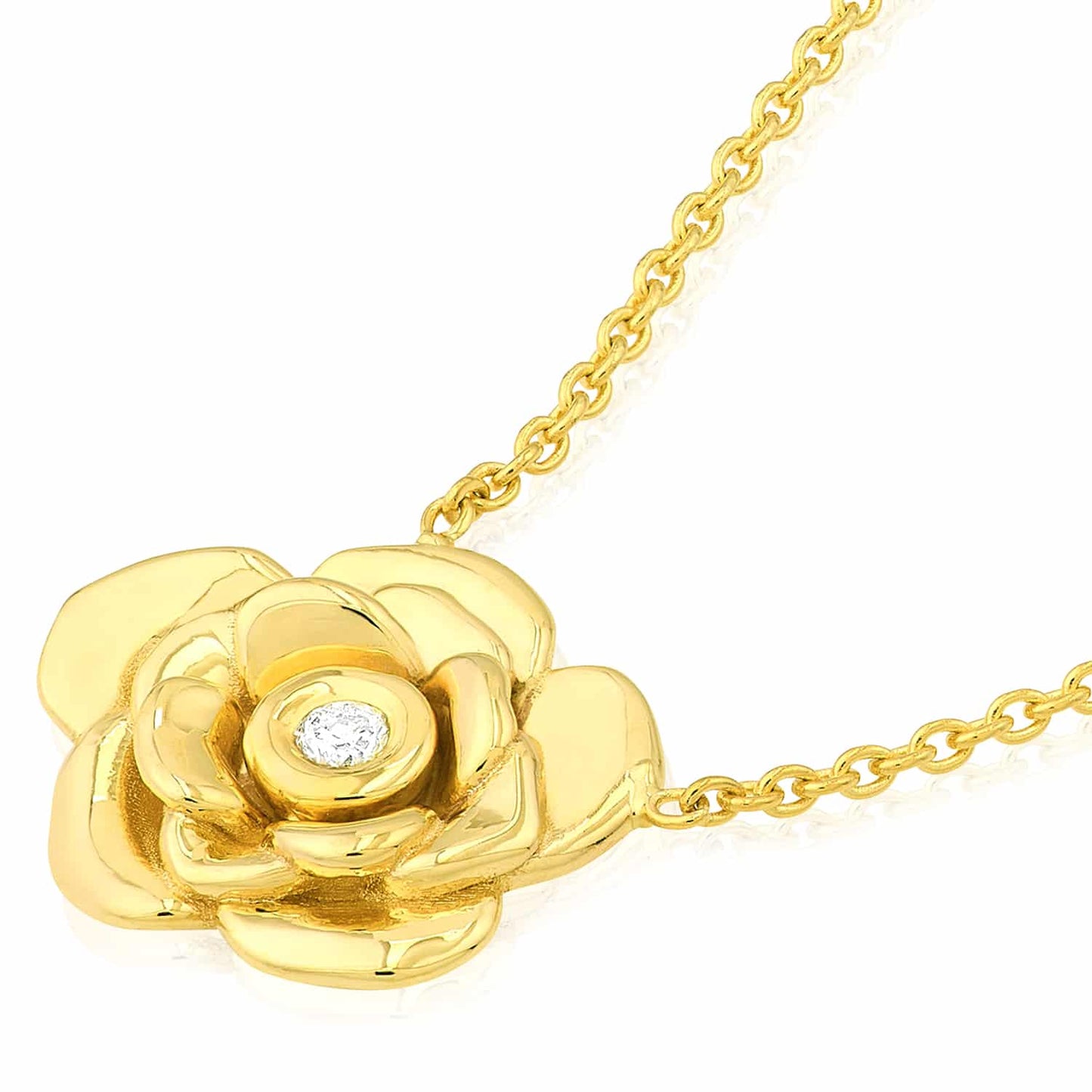 0.03CT Real Diamond 14K Real Gold 3D Rose Flower Pendant Necklace 16"-18" Adjust