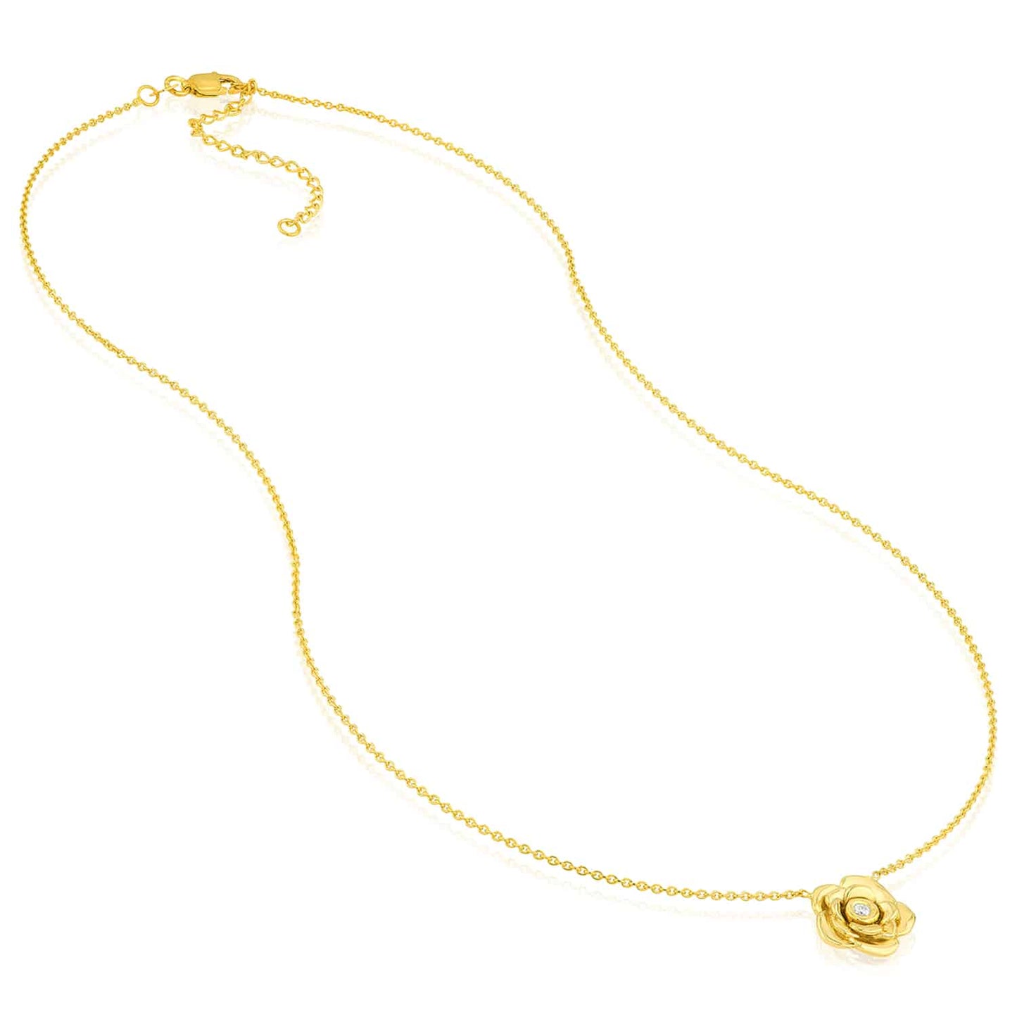 0.03CT Real Diamond 14K Real Gold 3D Rose Flower Pendant Necklace 16"-18" Adjust